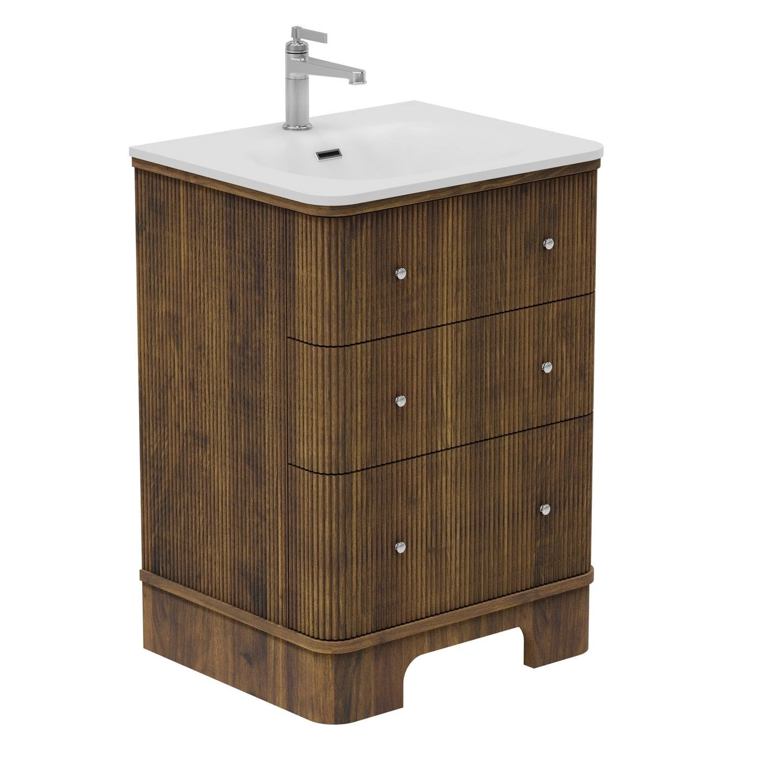 Cubico Haworth 600mm Floorstanding Vanity Unit Walnut- Without Handles With Matt White Basin Inc. Bottle Trap