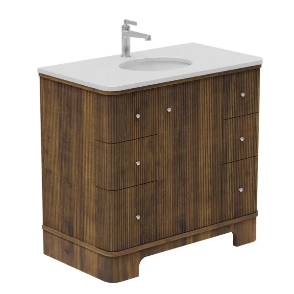 Cubico Haworth 900mm Floorstanding Vanity Unit Walnut Without Handles With Quartz White Top & Single Ceramic Basin Inc. Bottle Trap