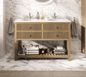 Cubico Abbey Ribbed 1200mm Floorstanding Vanity Unit Natural Oak With Worktop & Ceramic Basin Inc. Bottle T
