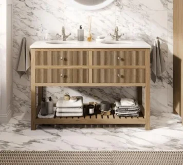 Cubico Abbey Ribbed 1200mm Floorstanding Vanity Unit Natural Oak With Worktop & Ceramic Basin Inc. Bottle T product image - Image 1
