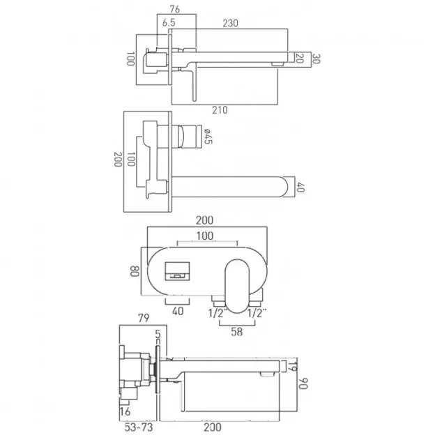 Vado Life 2 Hole Basin Mixer Single Lever With 230mm Spout Wall Mounted With Oval Back Plate Chrome technical drawing - Image 2