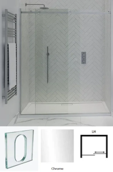 Showerlab VIEW 30 SLIDING DOOR + FIXED PANEL 1212-1312x2000 Standard - Fixed sizes only Clear Glass , Left Hand Door to Wall , Handle 9 (Oval Cut Out) , Chrome