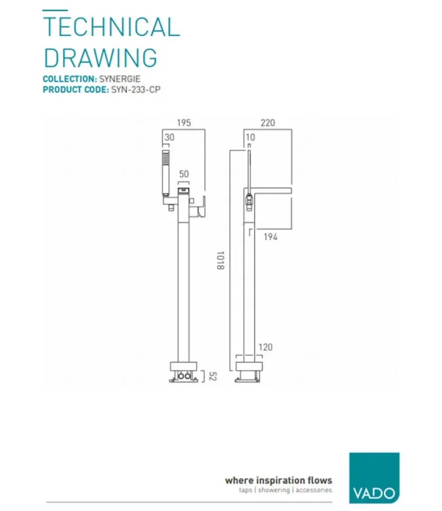 Vado Synergie Bath Shower Mixer Single Lever Floor Mounted with Shower Kit and Waterfall Spout Chrome technical drawing - Image 2