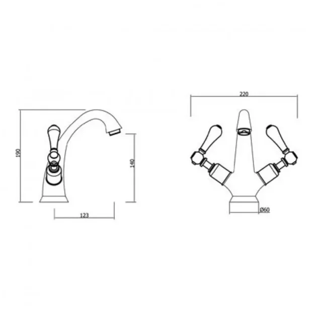 Crosswater Belgravia Lever High Neck Mono Basin With Waste Deck Mounted Chrome White Lever technical drawing - Image 3