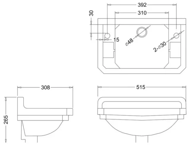 Burlington Edwardian Cloakroom Basin 51cm 2th technical drawing - Image 2