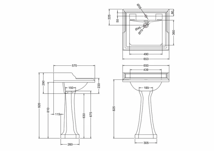 Burlington Classic Basin 65cm 2th technical drawing - Image 2