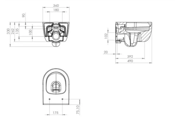 Saneux Austen Wall Hung Wc Pan - Rimless - Short Projection technical drawing - Image 2
