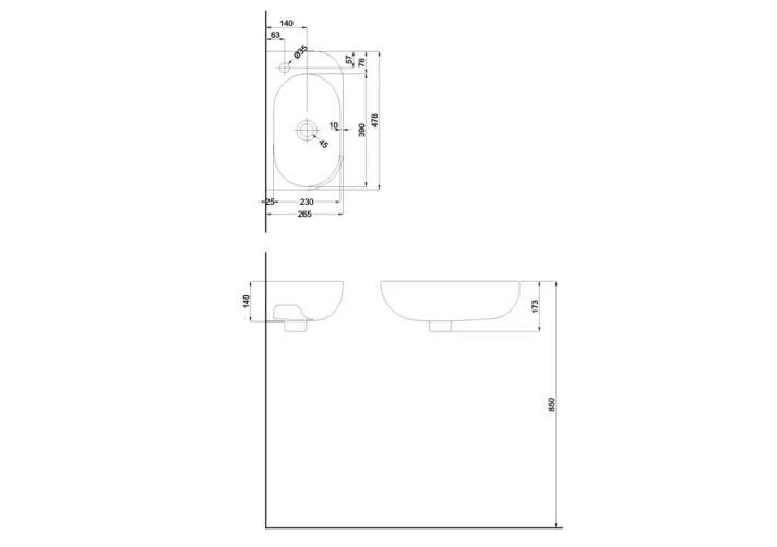 Britton Milan Washbasin 480mm Right Hand Gloss White technical drawing - Image 2