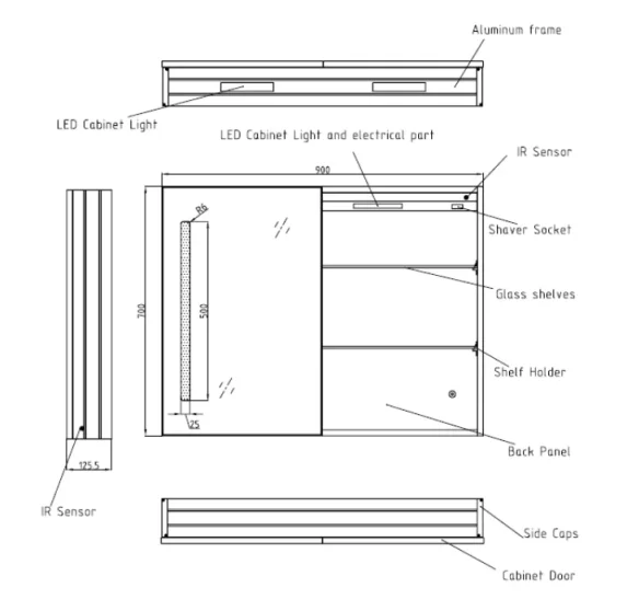 Crosswater Allure 900mm LED Illuminated Bathroom Mirror Cabinet technical drawing - Image 2