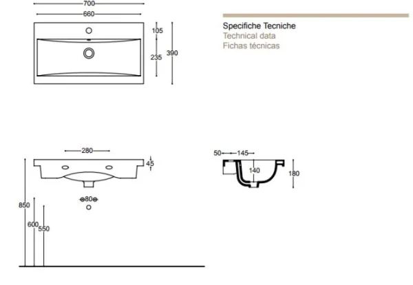 Faeber Barcelona 700m Wall Hung Basin 1 Tap Hole