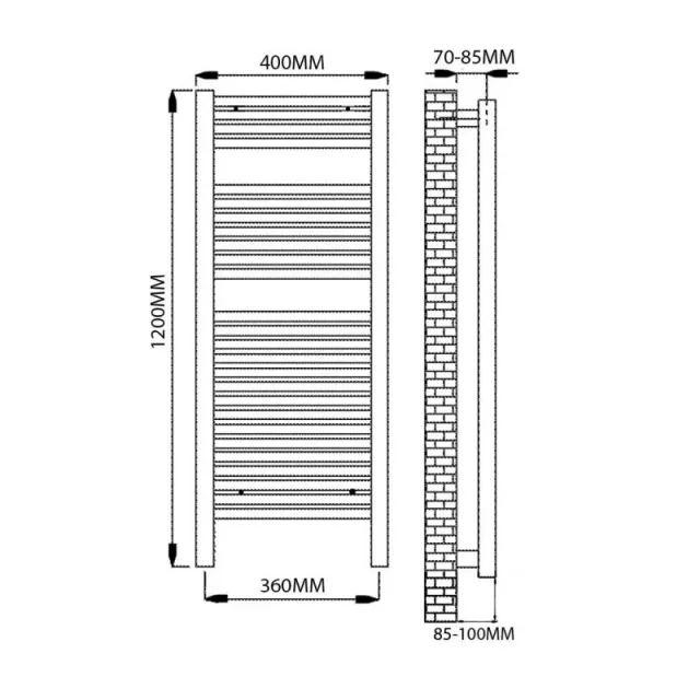 Reina Diva 400 X 1200 Towel Radiator White Flat technical drawing - Image 3