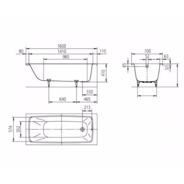 Kaldewei Cayono 1600 X 700mm No Tap Hole Bath (excl. Feet) technical drawing - Image 5