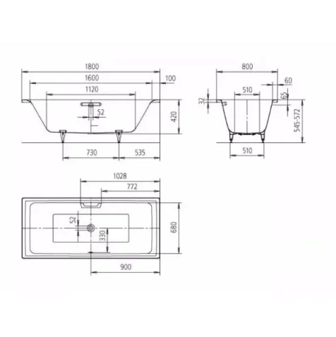 Kaldewei Puro Duo Bath 1800 X 800mm No Tap Hole (excl. Feet) technical drawing - Image 3