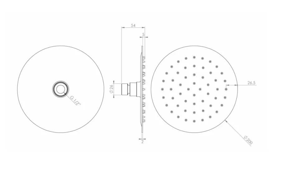 Saneux Cos 200x2mm Slim Round Shower Head - Chrome technical drawing - Image 2