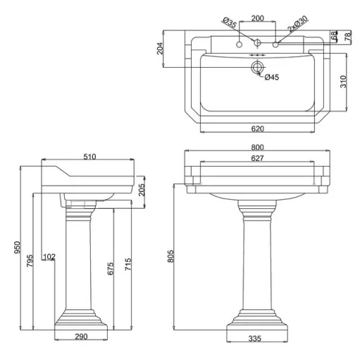Burlington Edwardian 80cm Basin 3th technical drawing - Image 4