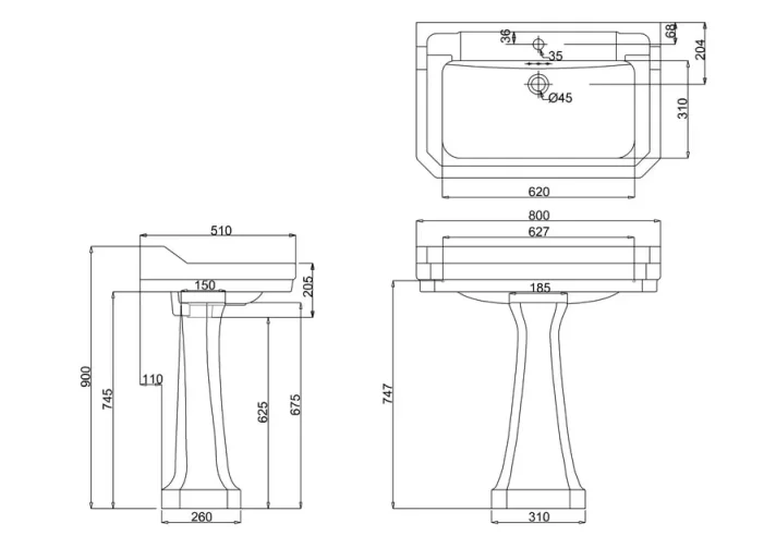Burlington Edwardian 800 1TH Basin and Standard Pedestal technical drawing - Image 2
