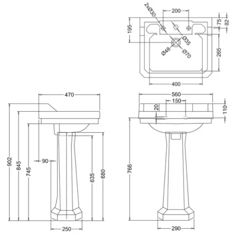 Burlington Edwardian 560 3TH Basin and Standard Pedestal technical drawing - Image 2