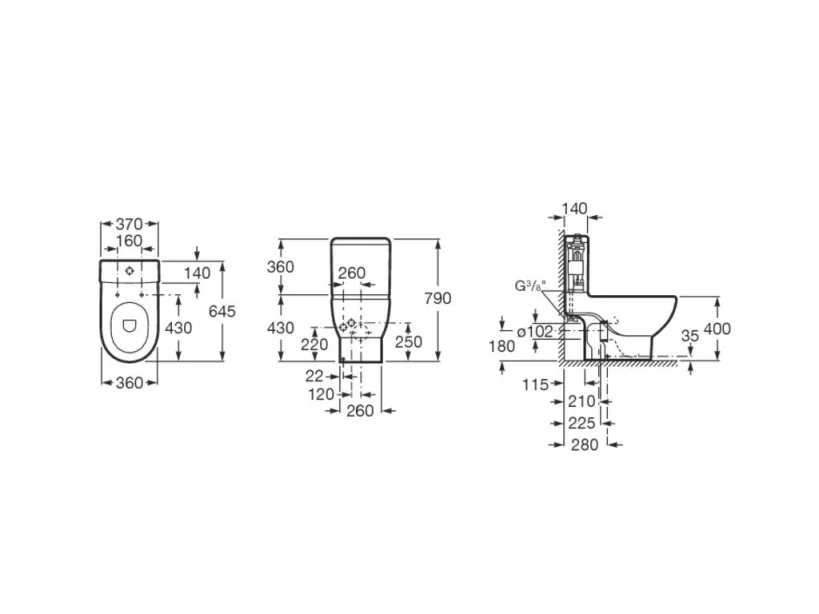 Roca Meridian-n Close Coupled Wc Pan - Open Back technical drawing - Image 2