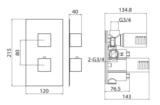 Saneux Tooga 1 Way Thermostatic Shower Valve Kit - Chrome technical drawing - Image 2