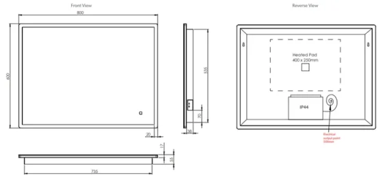 Hib Vega 80 Mirror With Chargng Socket H60 X W80 X D5.5cm technical drawing - Image 2