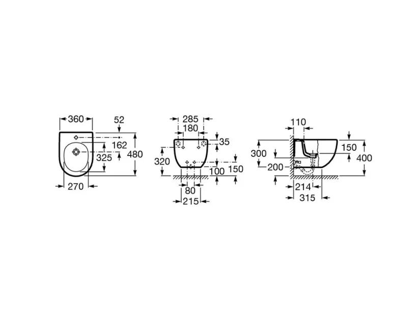 Roca Meridian-n Compact Wall Hung Bidet - 1 Taphole technical drawing - Image 2