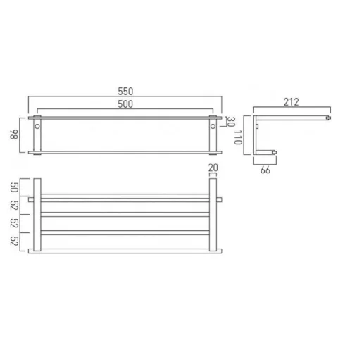 Vado Level Towel Shelf With Towel Rail 550mm (22") Chrome technical drawing - Image 3