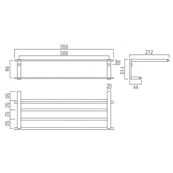 Vado Level Towel Shelf With Towel Rail 550mm (22") Chrome technical drawing - Image 3