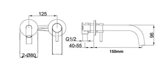 Just Taps Vos Single Lever W/m Basin Mixer Brushed Brass 150mm Slim Spout technical drawing - Image 2
