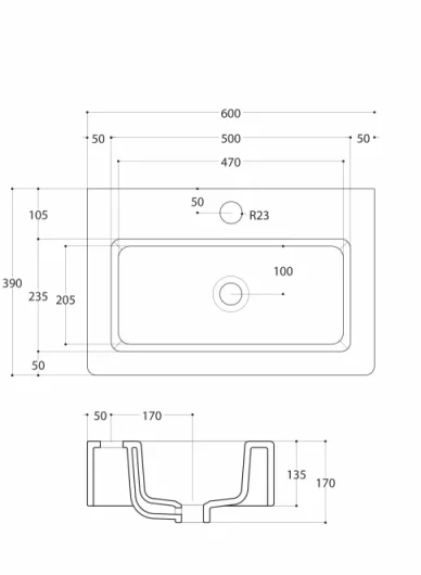 Crosswater Air Wall Mounted Basin 600 With Overflow White technical drawing - Image 5
