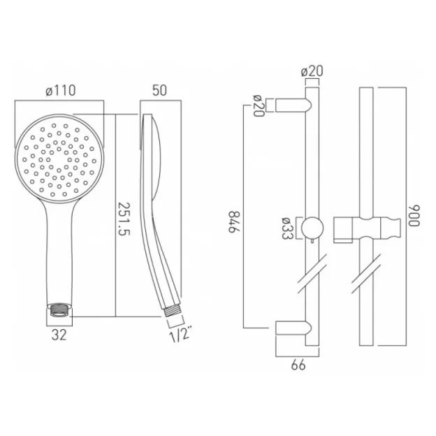 Vado Atmosphere Slide Rail Shower Kit With Air-injected Single-function Handset 900mm Slide Rail And Smoothflex Anti-twist Silver Hose Chrome technical drawing - Image 3
