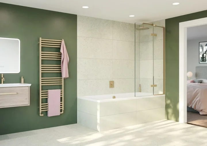 Crosswater Optix Hinged Bath Screen With Inline Panel 180 Left Handed Brushed Brass product image - Image 1