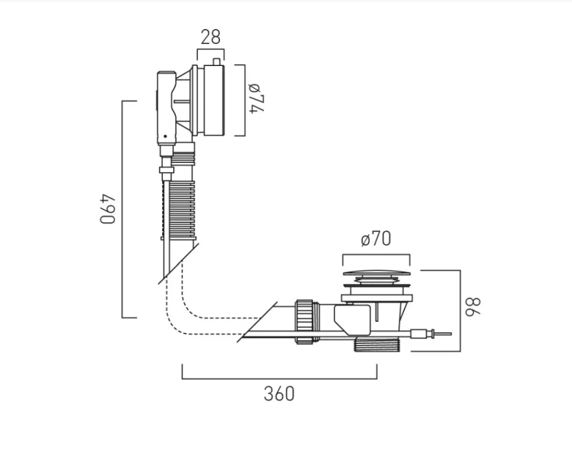 Vado Round Cable Bath Waste And Overflow Chrome technical drawing - Image 2
