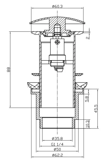 Crosswater Basin Click Clack Waste (unslotted) 100mm Thread Chrome technical drawing - Image 2