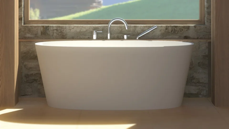 StoneKAST Petite Freestanding Bath 1570 x 670mm Matt White (Waste Included) detail view - Image 2