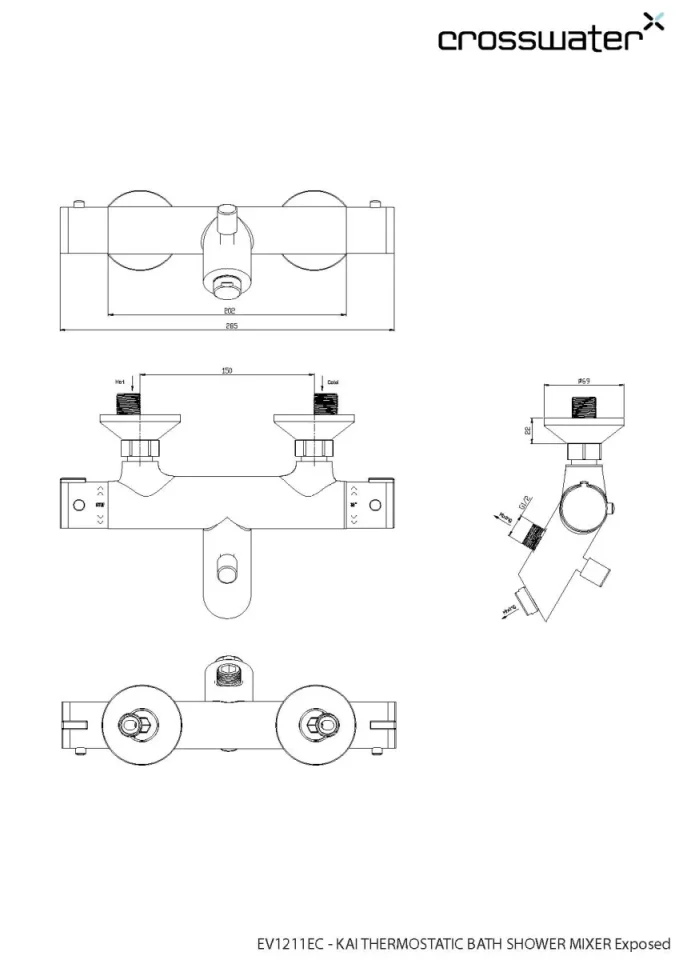 Crosswater Exposed Kai Thermostatic Bath Shower Mixer Chrome technical drawing - Image 2
