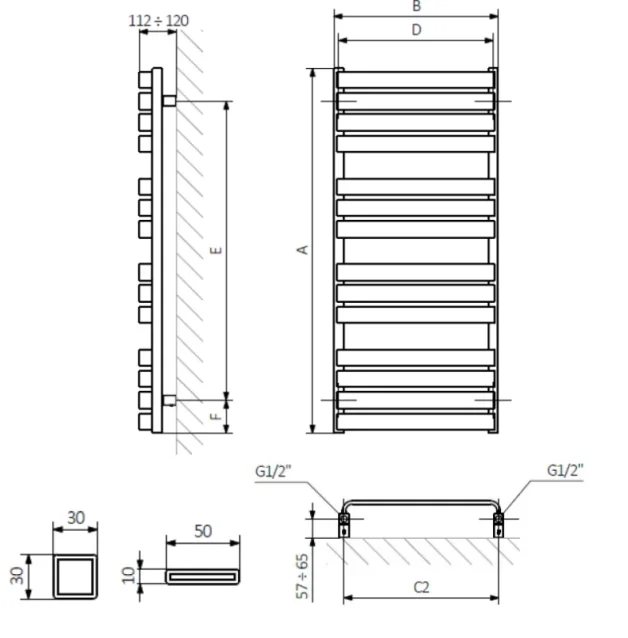 Crosswater Celeste Towel Warmer 1110x500 Soft White technical drawing - Image 2