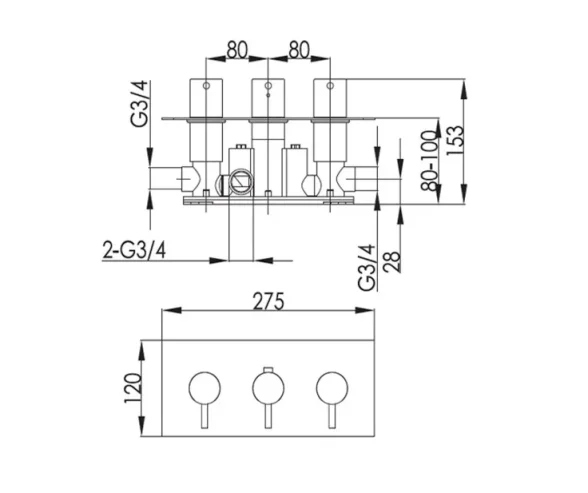 Just Taps Vos Thermostatic Concealed 3 Outlet Shower Valve Brushed Black technical drawing - Image 2