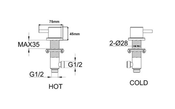 Just Taps Vos Panel Valves Brushed Brass technical drawing - Image 2