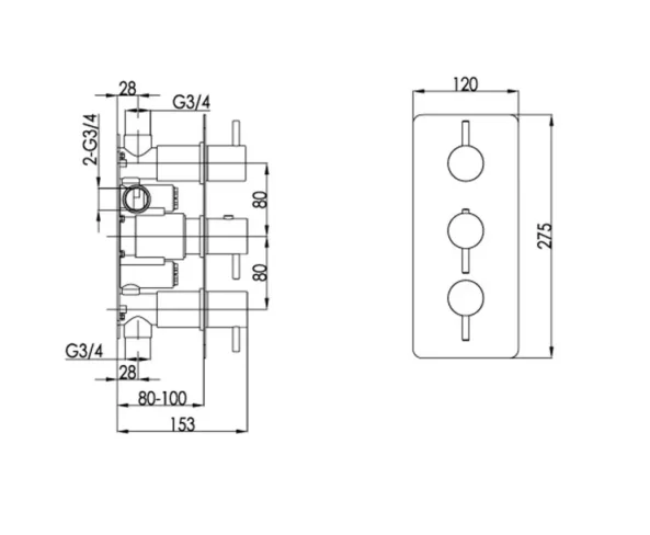 Just Taps Vos Thermostatic Concealed 3 Outlet Shower Valve Brushed Brass technical drawing - Image 2