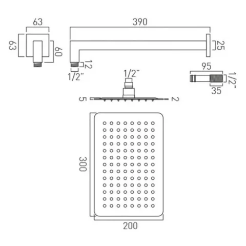 Vado Aquablade Single Function Easy Clean Slim Line Rectangular Shower Head, 300mm X 200mm (12 X 8") Chrome technical drawing - Image 3
