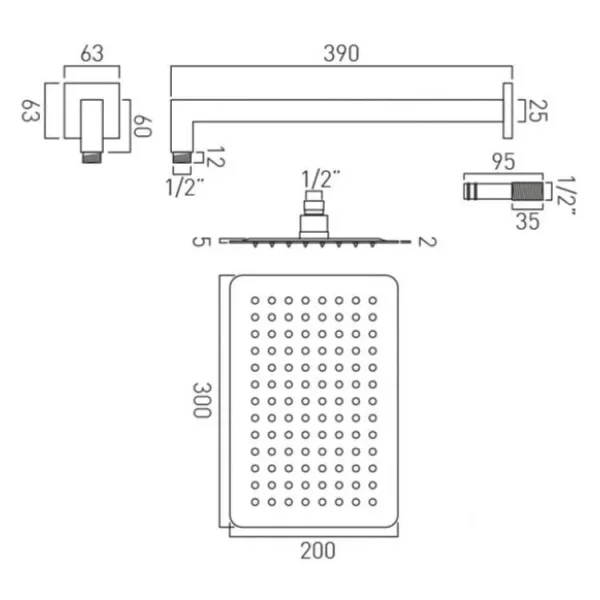 Vado Aquablade Single Function Easy Clean Slim Line Rectangular Shower Head, 300mm X 200mm (12 X 8") Chrome technical drawing - Image 3