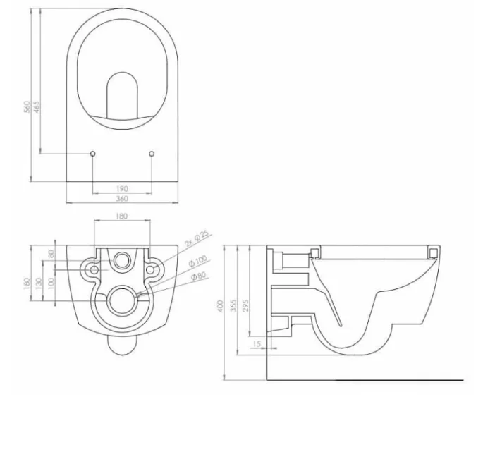 Saneux Austen Wall Hung Wc Pan - Rimless - Long Projection technical drawing - Image 2
