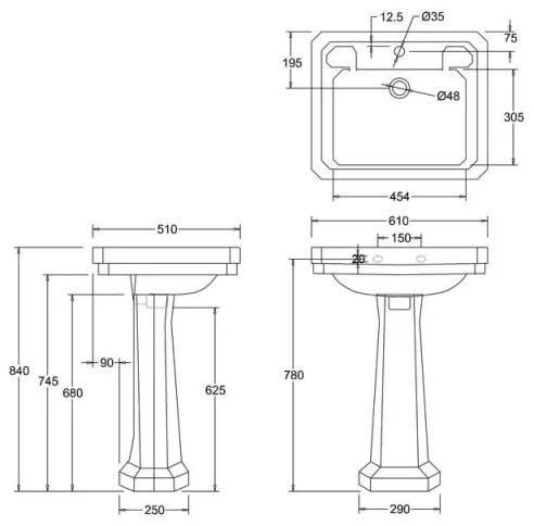 Burlington Victorian Basin 61cm 1th technical drawing - Image 2