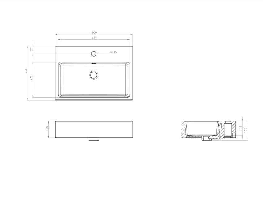 Saneux Matteo 60x42cm Washbasin 1th - Gloss White technical drawing - Image 3