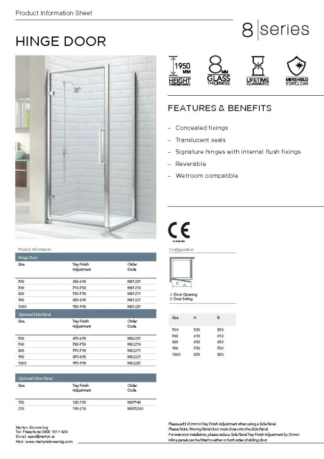 Merlyn 8 Series Hinge Door 800mm technical drawing - Image 3