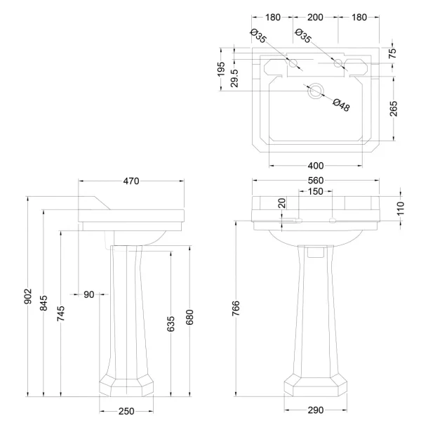 Burlington Edwardian 560 2TH Basin and Standard Pedestal technical drawing - Image 2