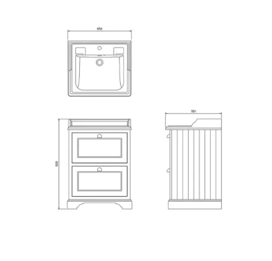 Burlington 600 Freestanding Basin unit with drawers RAL 7031 Blue grey Matt technical drawing - Image 2