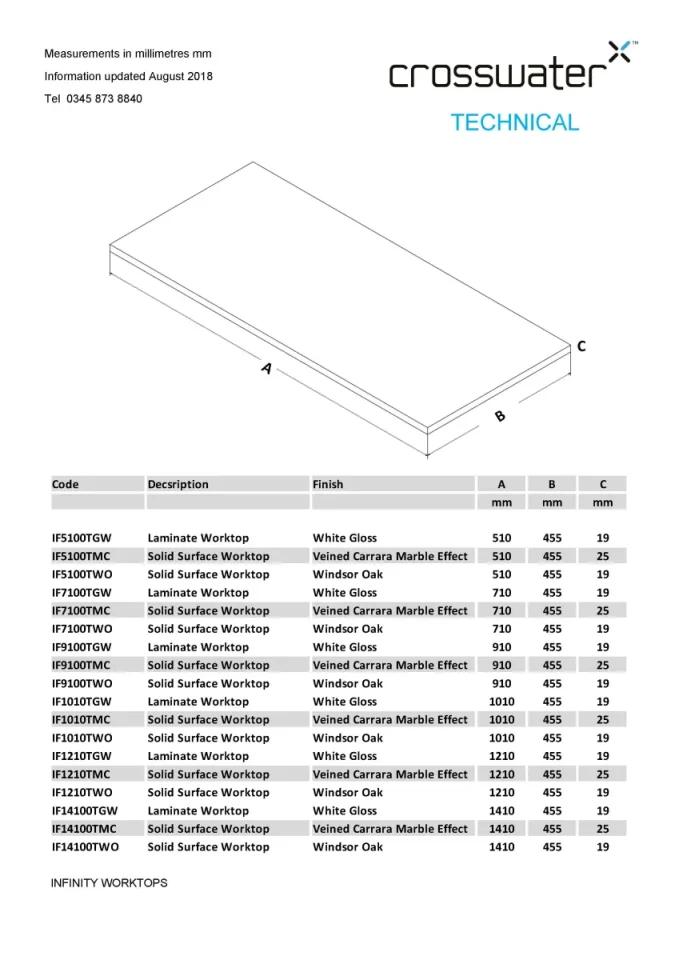 Crosswater Infinity Worktop 910 Windsor Oak technical drawing - Image 2
