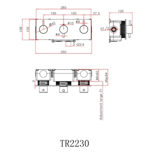 Ava Trend 2 Way 3 Handle Thermostatic Valve W/ Backplate - Polished Stainless Steel technical drawing - Image 3