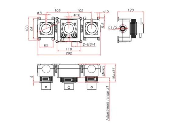Ava Trend 2 Way 3 Handle Thermostatic Valve W/ Flanges - Polished Stainless Steel technical drawing - Image 3